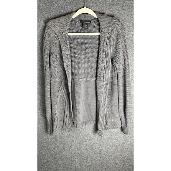 CALVIN KLEIN Women’s Gray Hooded Knit Cardigan Sweater Size Large Fall Cozy - Picture 1 of 12